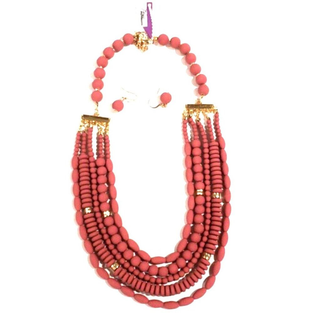 Matte Coral Multi-Strand Necklace & Earrings Set – Gold Beaded Layered Statement - Picture 8 of 13